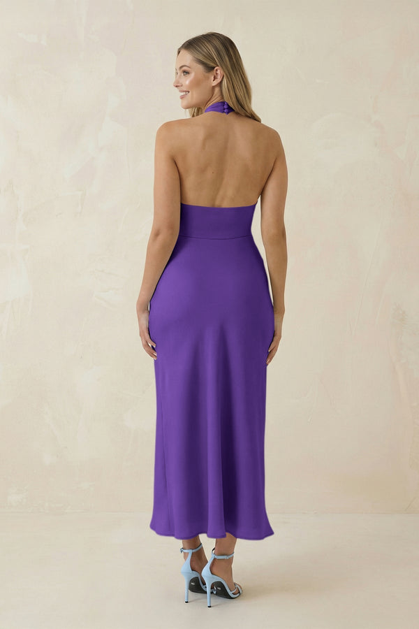 Halter Cut - Out Sheath Satin Midi Bridesmaid Dress in Tahiti - KissProm Bridesmaid Dresses