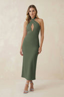 Halter Cut - Out Sheath Satin Midi Bridesmaid Dress in Thyme - KissProm Bridesmaid Dresses
