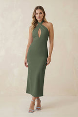 Halter Cut - Out Sheath Satin Midi Bridesmaid Dress in Thyme - KissProm Bridesmaid Dresses