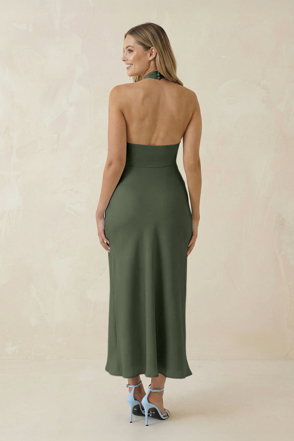 Halter Cut - Out Sheath Satin Midi Bridesmaid Dress in Thyme - KissProm Bridesmaid Dresses