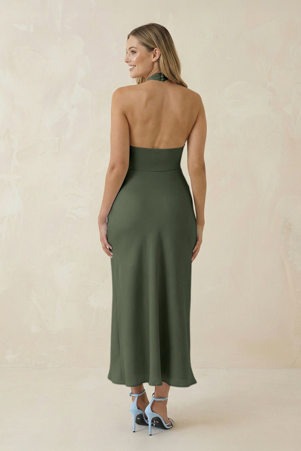 Halter Cut - Out Sheath Satin Midi Bridesmaid Dress in Thyme - KissProm Bridesmaid Dresses