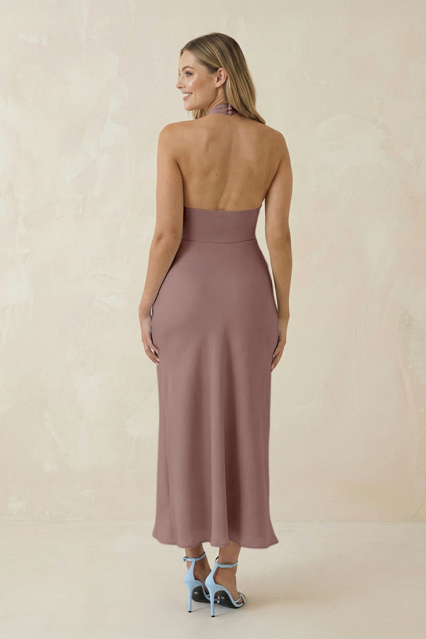 Halter Cut - Out Sheath Satin Midi Bridesmaid Dress in Toffee - KissProm Bridesmaid Dresses