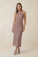 Halter Cut - Out Sheath Satin Midi Bridesmaid Dress in Toffee - KissProm Bridesmaid Dresses