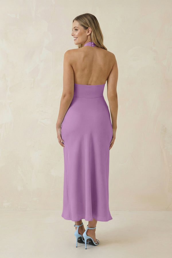 Halter Cut - Out Sheath Satin Midi Bridesmaid Dress in Vintage Mauve - KissProm Bridesmaid Dresses