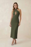 Halter Cut - Out Sheath Satin Midi Bridesmaid Dress in Willow Green - KissProm Bridesmaid Dresses