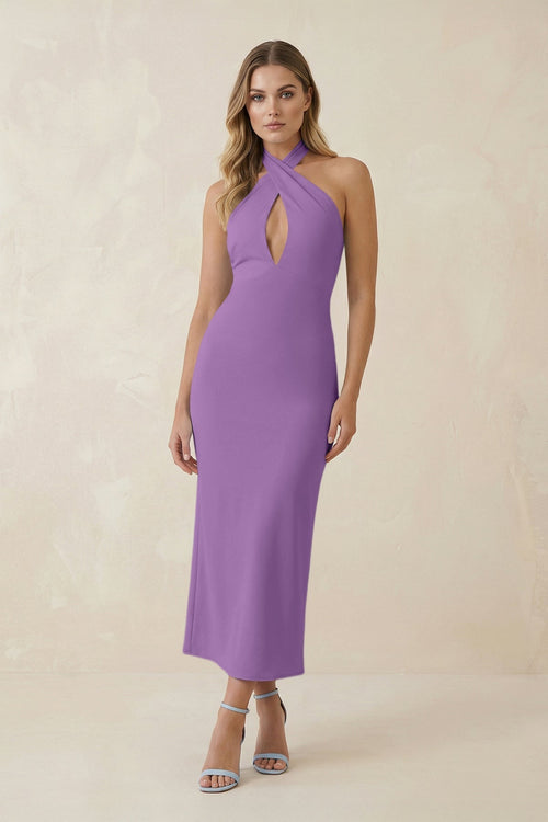 Halter Cut - Out Sheath Satin Midi Bridesmaid Dress in Wisteria - KissProm Bridesmaid Dresses