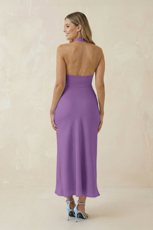 Halter Cut - Out Sheath Satin Midi Bridesmaid Dress in Wisteria - KissProm Bridesmaid Dresses