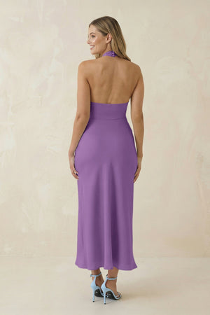 Halter Cut - Out Sheath Satin Midi Bridesmaid Dress in Wisteria - KissProm Bridesmaid Dresses