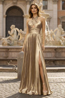 Peacock Blue Halter Neck A - Line Long Prom Dress With Split - KissProm