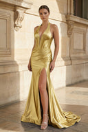 Navy Halter Corset Mermaid Ruched Long Formal Dress with Slit - KISSPROM PROM DRESSES