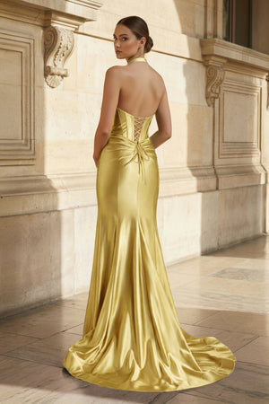 Navy Halter Corset Mermaid Ruched Long Formal Dress with Slit - KISSPROM PROM DRESSES