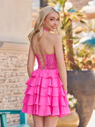 Everett | Hot Pink - Halter Lace and Chiffon Ruffle Homecoming Dress