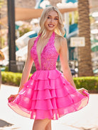 Everett | Hot Pink - Halter Lace and Chiffon Ruffle Homecoming Dress