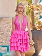 Everett | Hot Pink - Halter Lace and Chiffon Ruffle Homecoming Dress