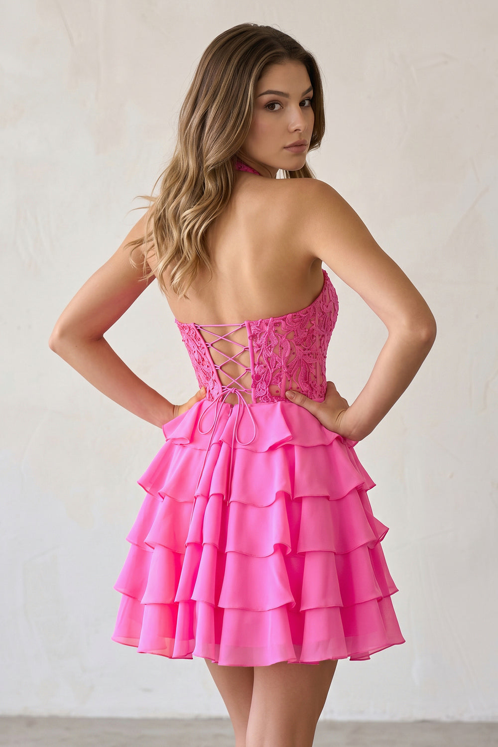 Everett | Hot Pink - Halter Lace and Chiffon Ruffle Homecoming Dress