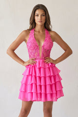 Everett | Hot Pink - Halter Lace and Chiffon Ruffle Homecoming Dress