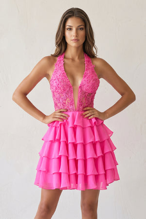 Everett | Hot Pink - Halter Lace and Chiffon Ruffle Homecoming Dress