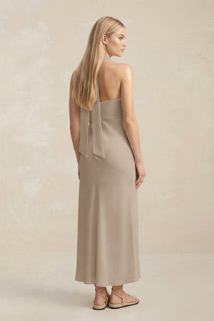 Halter Keyhole Sheath Midi Bridesmaid Dress in Almond - KissProm Bridesmaid Dresses