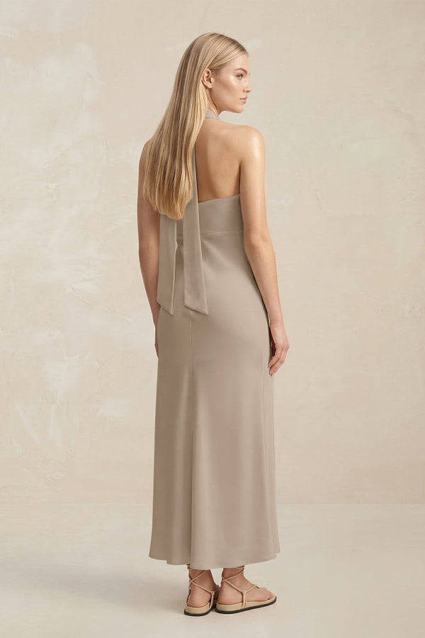 Halter Keyhole Sheath Midi Bridesmaid Dress in Almond - KissProm Bridesmaid Dresses