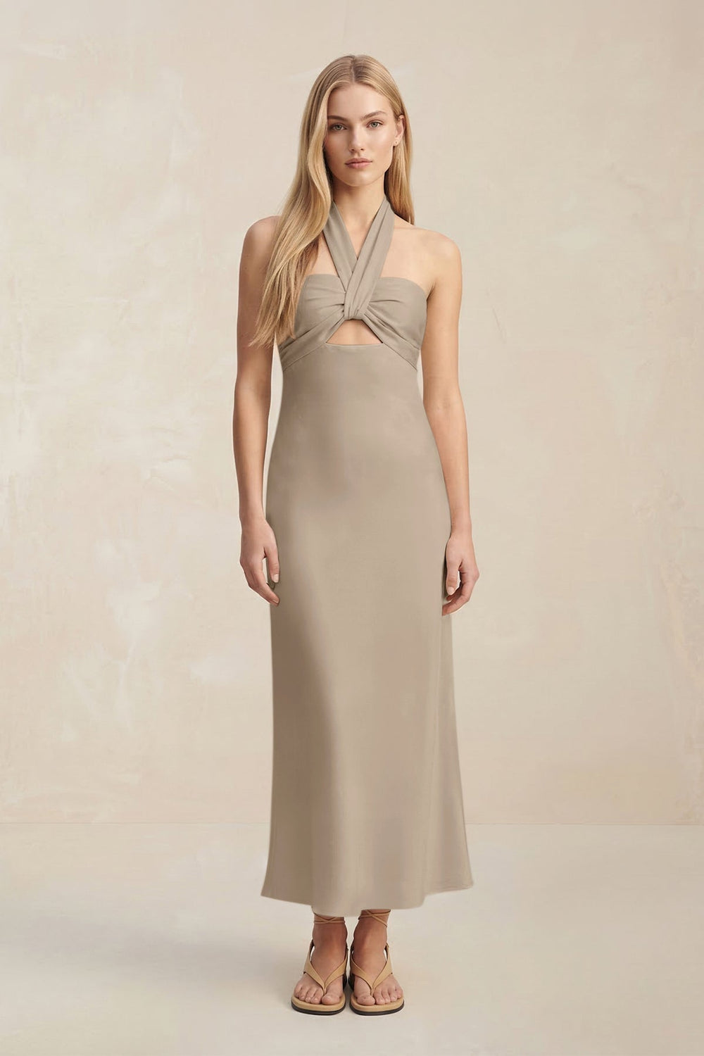 Halter Keyhole Sheath Midi Bridesmaid Dress in Almond - KissProm Bridesmaid Dresses