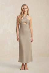 Halter Keyhole Sheath Midi Bridesmaid Dress in Almond - KissProm Bridesmaid Dresses