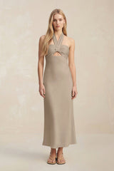 Halter Keyhole Sheath Midi Bridesmaid Dress in Almond - KissProm Bridesmaid Dresses