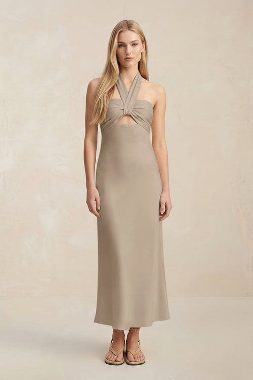 Halter Keyhole Sheath Midi Bridesmaid Dress in Almond - KissProm Bridesmaid Dresses
