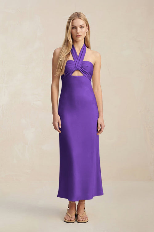 Halter Keyhole Sheath Midi Bridesmaid Dress in Amethyst - KissProm Bridesmaid Dresses