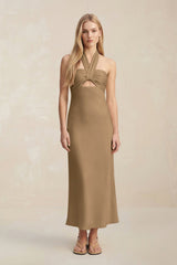 Halter Keyhole Sheath Midi Bridesmaid Dress in Apple Cinnamon - KissProm Bridesmaid Dresses