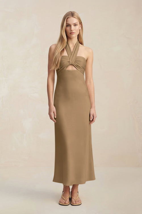 Halter Keyhole Sheath Midi Bridesmaid Dress in Apple Cinnamon - KissProm Bridesmaid Dresses