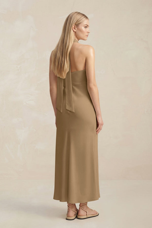 Halter Keyhole Sheath Midi Bridesmaid Dress in Apple Cinnamon - KissProm Bridesmaid Dresses