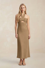 Halter Keyhole Sheath Midi Bridesmaid Dress in Apple Cinnamon - KissProm Bridesmaid Dresses