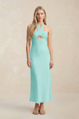 Halter Keyhole Sheath Midi Bridesmaid Dress in Aqua - KissProm Bridesmaid Dresses