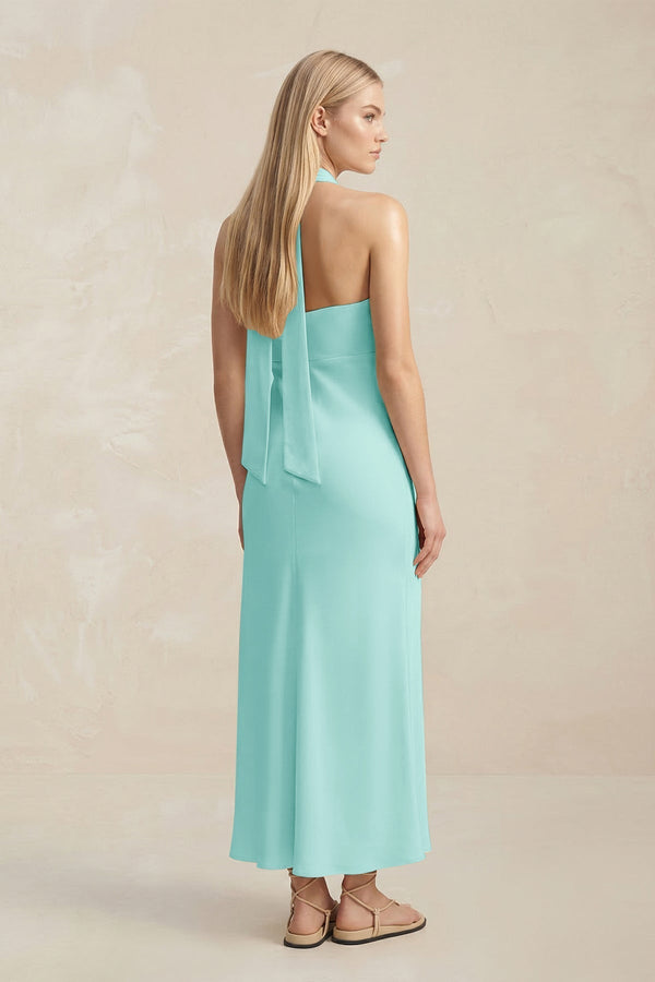 Halter Keyhole Sheath Midi Bridesmaid Dress in Aqua - KissProm Bridesmaid Dresses