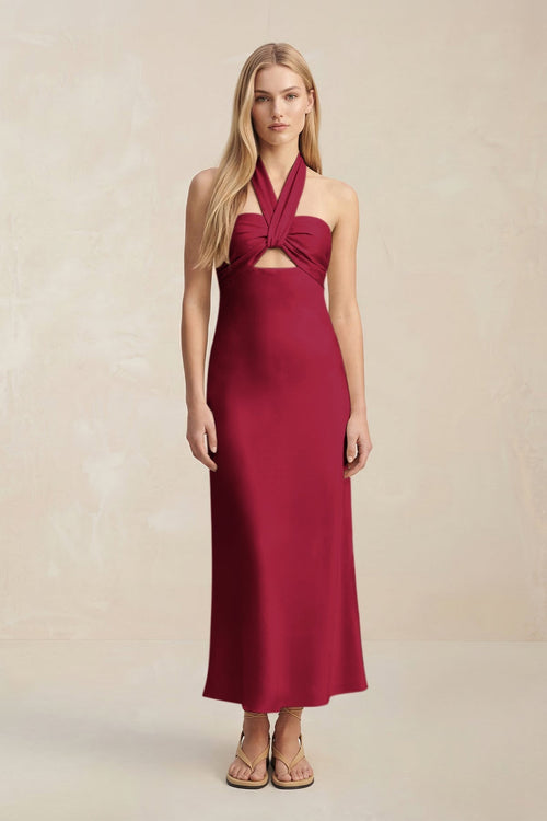 Halter Keyhole Sheath Midi Bridesmaid Dress in Berry - KissProm Bridesmaid Dresses