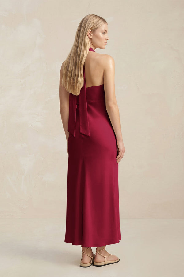 Halter Keyhole Sheath Midi Bridesmaid Dress in Berry - KissProm Bridesmaid Dresses