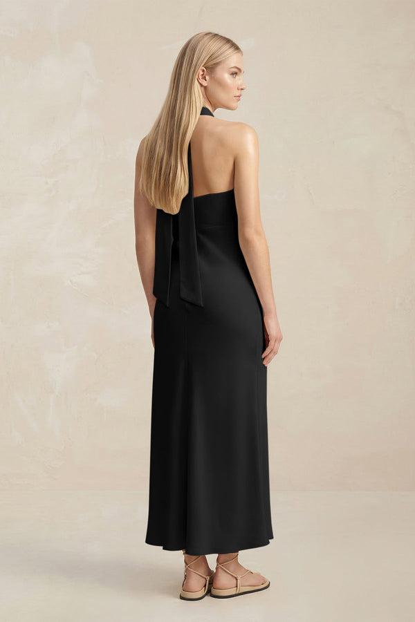 Halter Keyhole Sheath Midi Bridesmaid Dress in Black - KissProm Bridesmaid Dresses