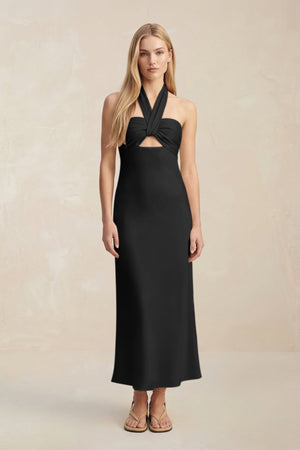 Halter Keyhole Sheath Midi Bridesmaid Dress in Black - KissProm Bridesmaid Dresses