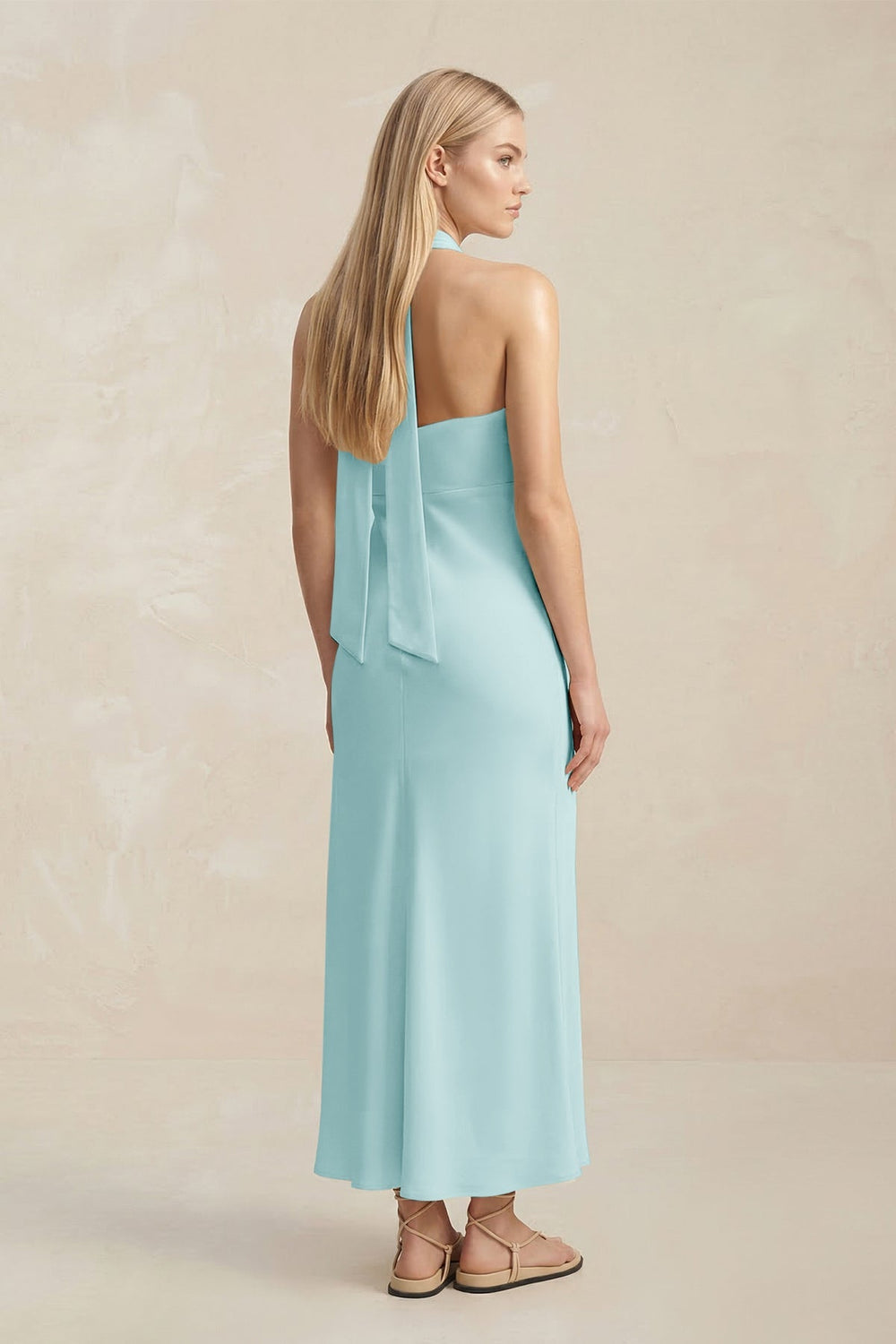 Halter Keyhole Sheath Midi Bridesmaid Dress in Bleached Aqua - KissProm Bridesmaid Dresses