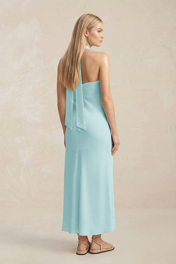 Halter Keyhole Sheath Midi Bridesmaid Dress in Bleached Aqua - KissProm Bridesmaid Dresses