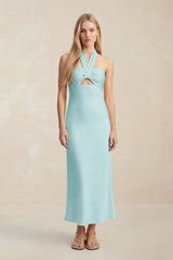 Halter Keyhole Sheath Midi Bridesmaid Dress in Bleached Aqua - KissProm Bridesmaid Dresses