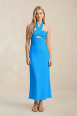 Halter Keyhole Sheath Midi Bridesmaid Dress in Blue Jay - KissProm Bridesmaid Dresses