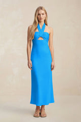 Halter Keyhole Sheath Midi Bridesmaid Dress in Blue Jay - KissProm Bridesmaid Dresses