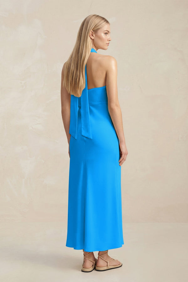 Halter Keyhole Sheath Midi Bridesmaid Dress in Blue Jay - KissProm Bridesmaid Dresses
