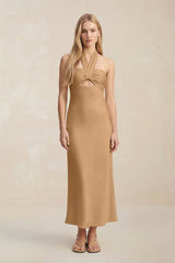 Halter Keyhole Sheath Midi Bridesmaid Dress in Bronzer - KissProm Bridesmaid Dresses