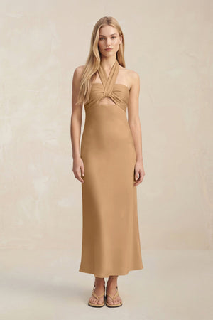 Halter Keyhole Sheath Midi Bridesmaid Dress in Bronzer - KissProm Bridesmaid Dresses