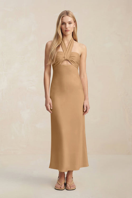 Halter Keyhole Sheath Midi Bridesmaid Dress in Bronzer - KissProm Bridesmaid Dresses