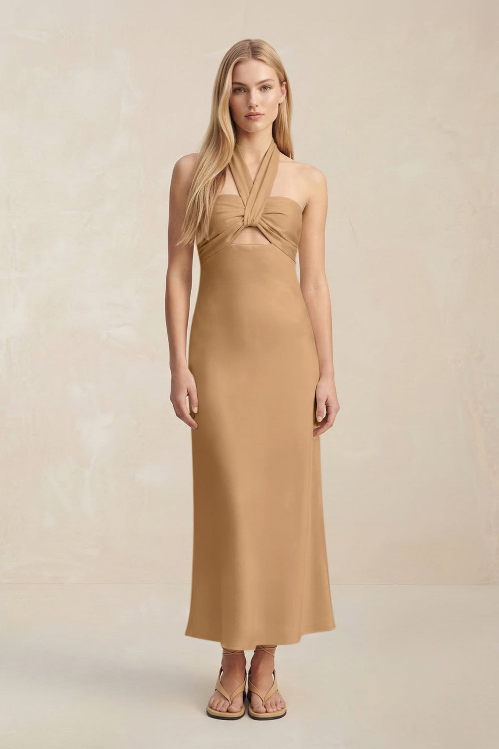 Halter Keyhole Sheath Midi Bridesmaid Dress in Bronzer - KissProm Bridesmaid Dresses
