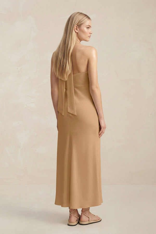 Halter Keyhole Sheath Midi Bridesmaid Dress in Bronzer - KissProm Bridesmaid Dresses
