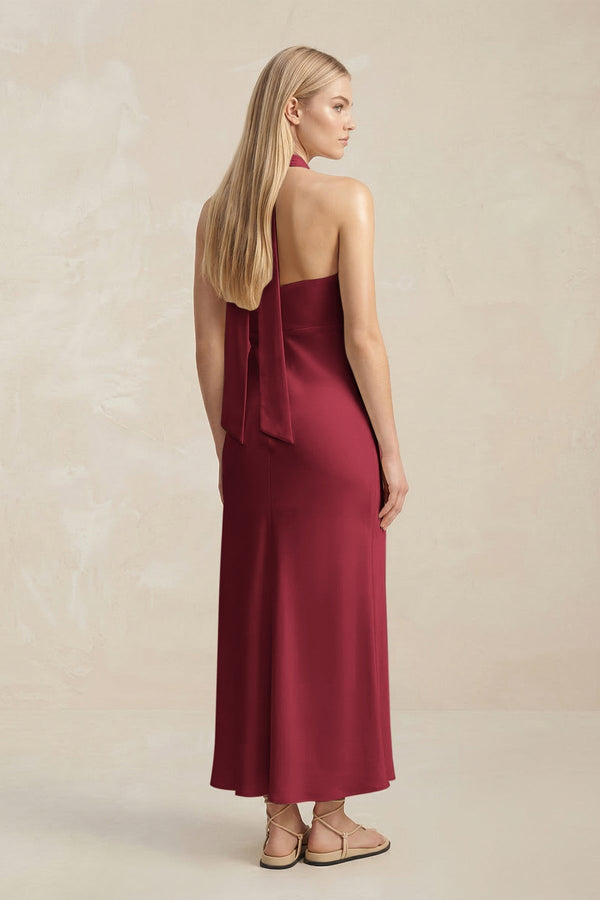 Halter Keyhole Sheath Midi Bridesmaid Dress in Burgundy - KissProm Bridesmaid Dresses